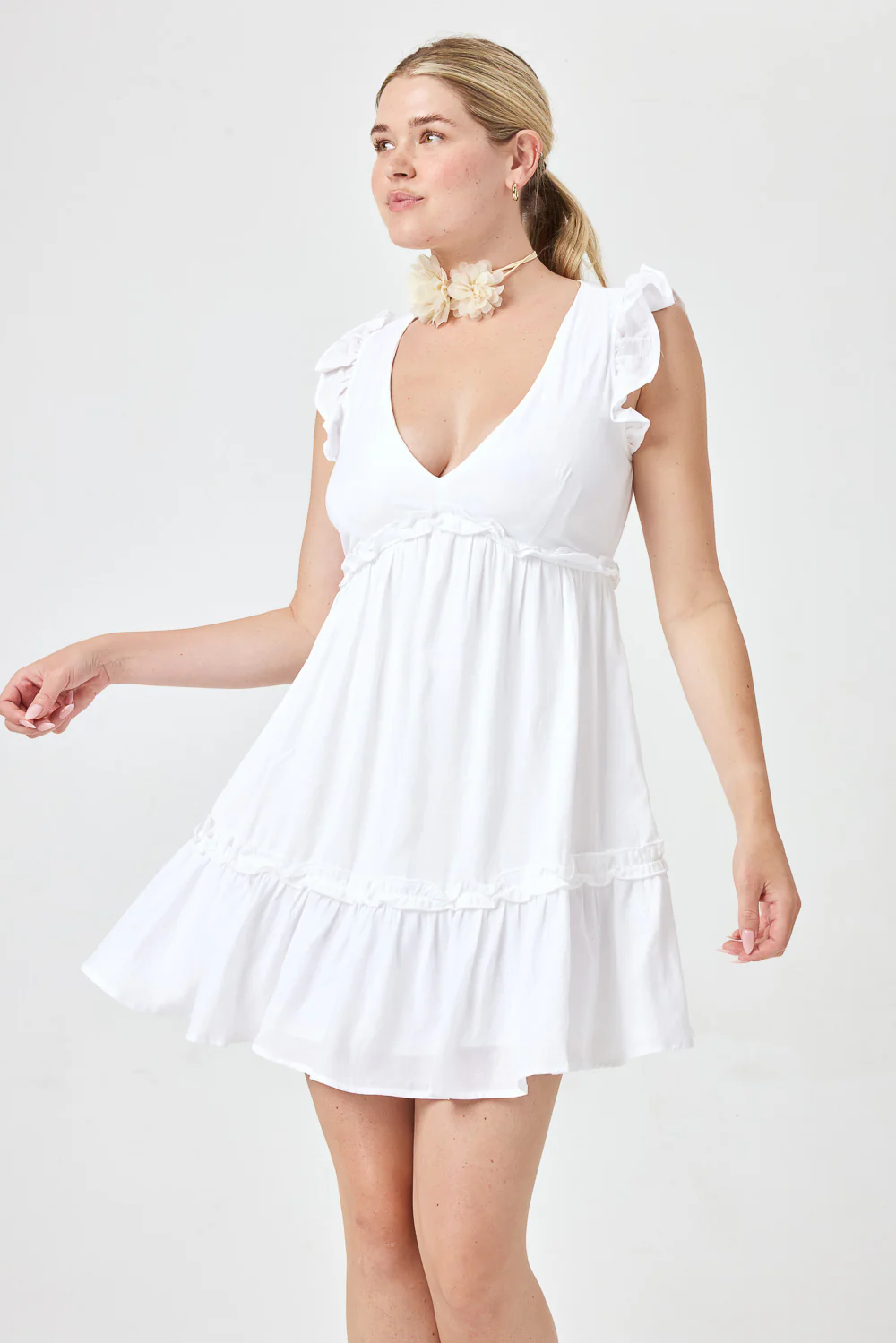 Image of White Ruffle Sleeve Woven Dress