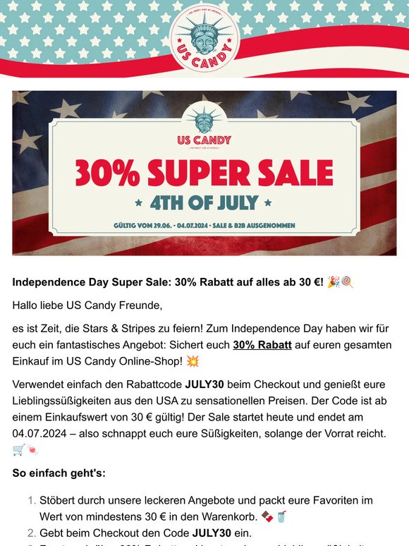 Independence Day Super Sale: 30% Rabatt auf ALLES! 🎉🍭