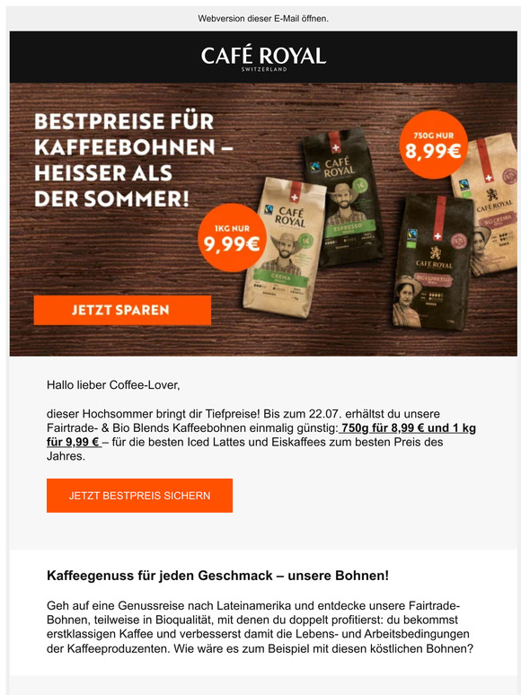 Preise frisch gebrüht. 1 kg beste Bohnen ab 8,99 €