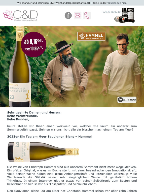 Ein Tag am Meer – 2023er Sauvignon Blanc Hammel nur 9,16€ statt 10,95€/Fl.