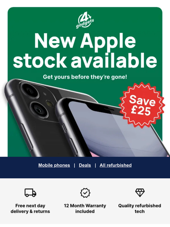 New Apple stock has landed 📱✨ Save £25 on selected iPhones for a limited time only!