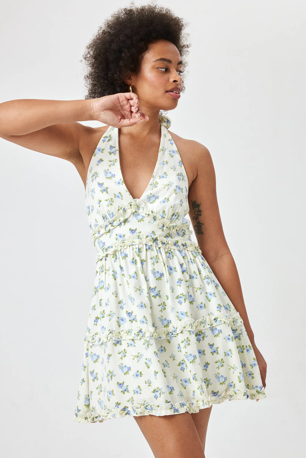 Image of Ivory Blue Floral Tier Halter Dress