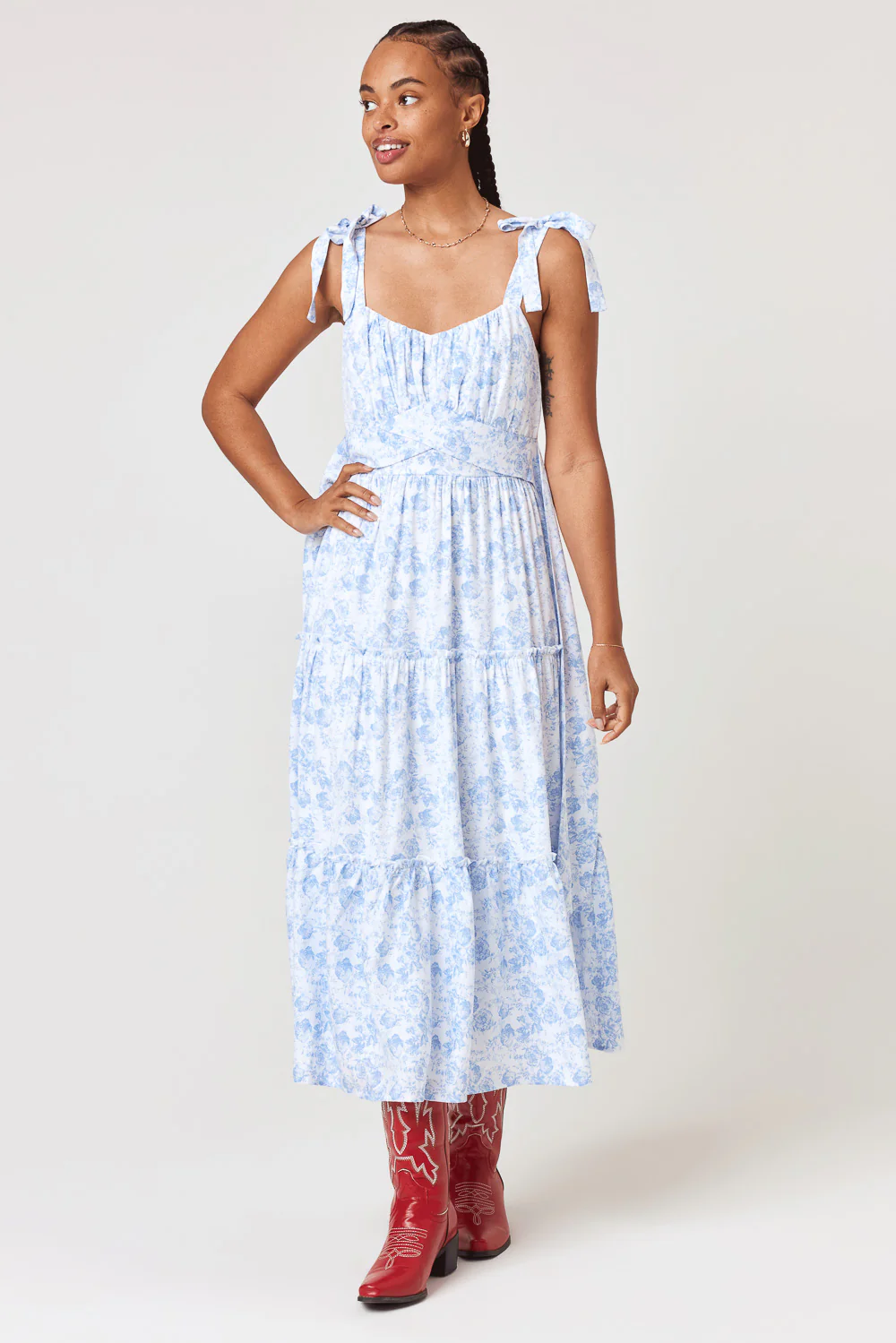 Image of White Blue Floral Ruffle Midi Dress