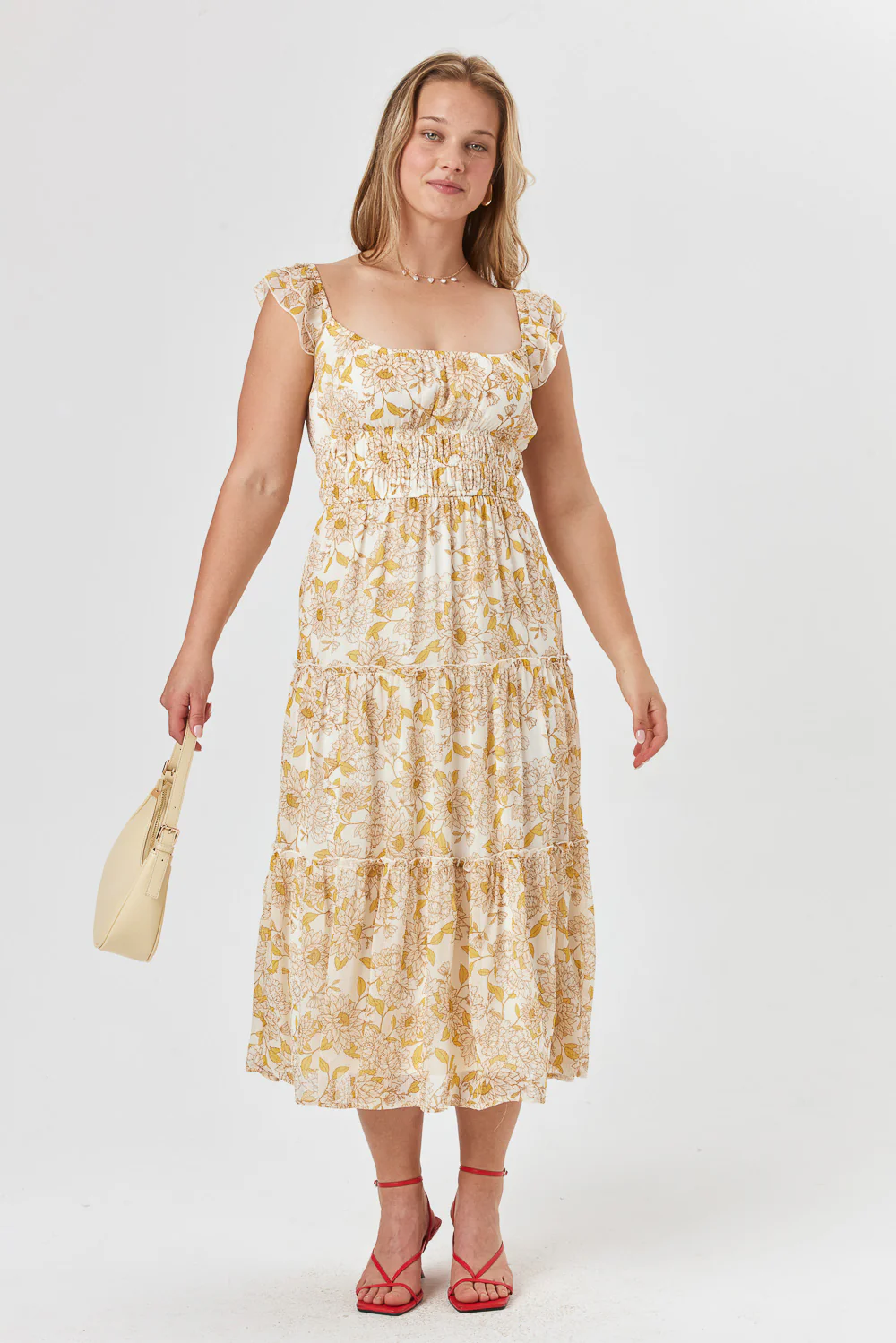 Image of Yellow Floral Flutter Sleeve Midi Dress