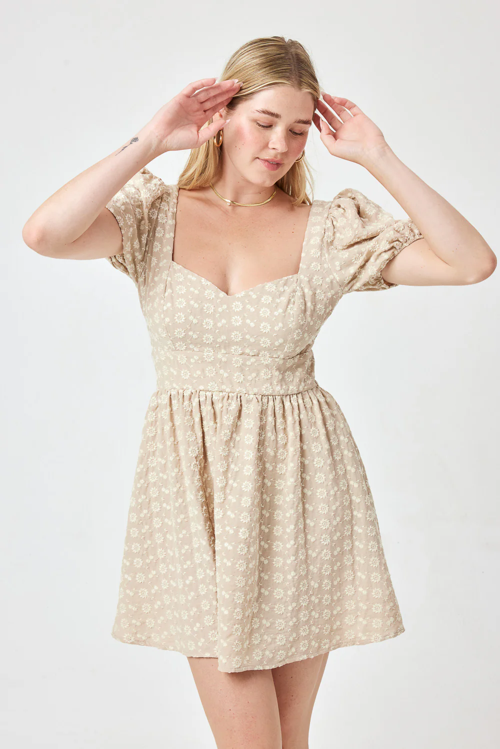 Image of Beige Embroidered Puff Sleeve Dress