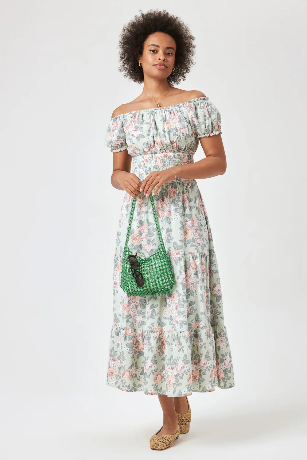 Image of Sage Floral Off Shoulder Midi Dress