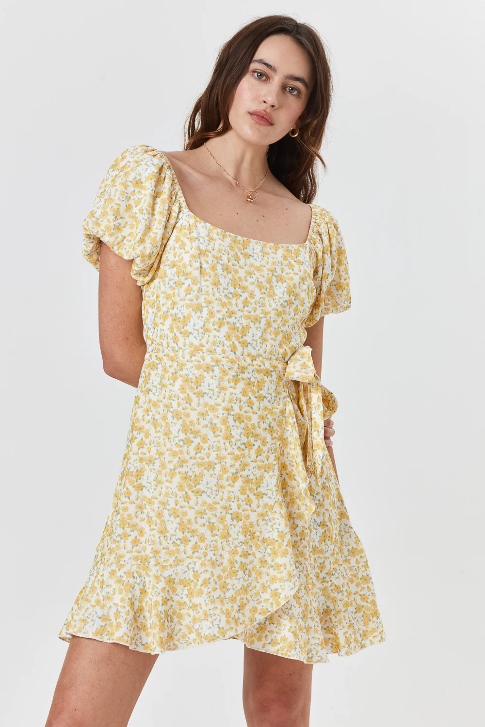 Image of White Yellow Floral Wrap Dress