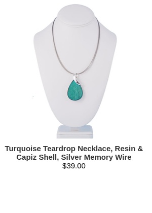 Turquoise Teardrop Necklace, Resin & Capiz Shell, Silver Memory Wire
