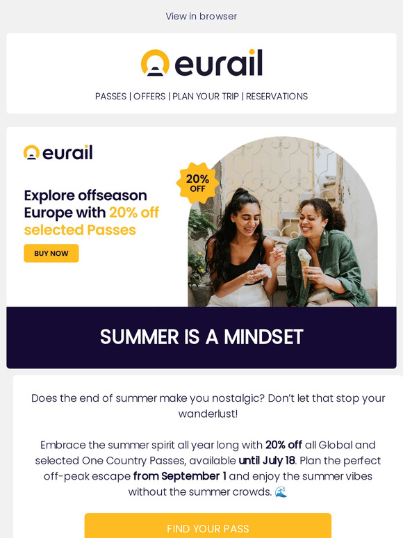 Don't forget! 20% off selected Eurail Passes 🚂