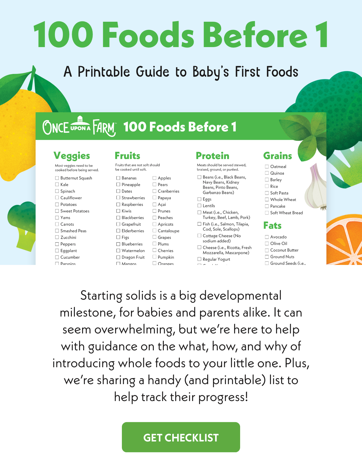 100 Foods Before 1 | A printable guide to baby's first foods | Get Checklist