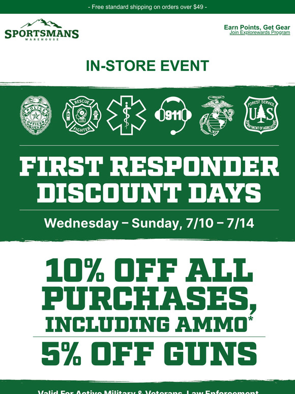 Amazon Prime Discount For First Responders Sportsman's Warehouse: First Responder Discount Days - Save 10% On All