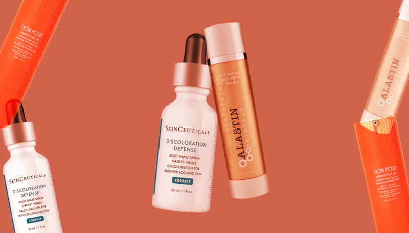 Best Tranexamic Acid Products 2024: Bottles of skin-care serums from Alastin Skincare, SkinCeuticals, and Lion Pose on an orange background