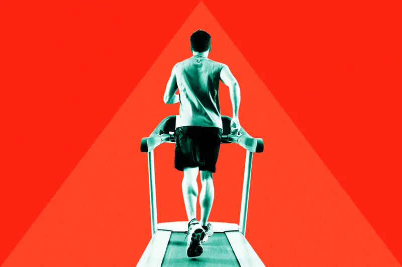Man running on a treadmill, overlaid in teal on a red background