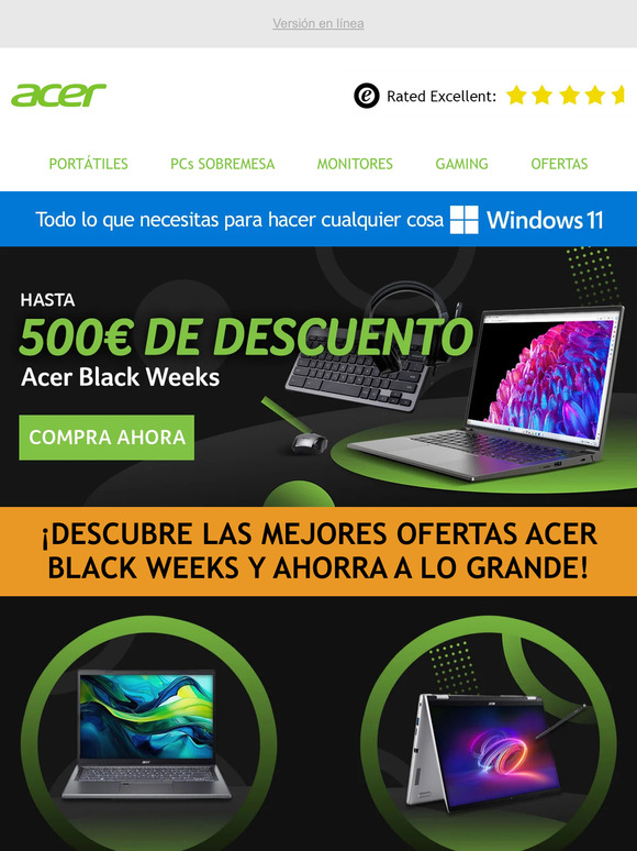 🚀 ¡Ahorra hasta 500€ en las ofertas Black Weeks de Acer!