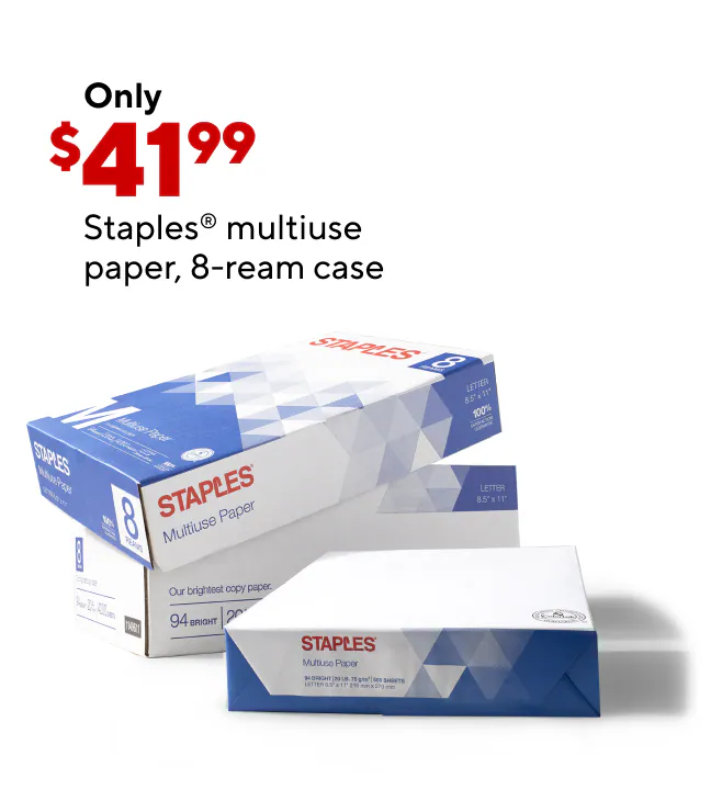 Only $41.99 for Staples multiuse copy paper, 8.5" x 11", 8-ream case.