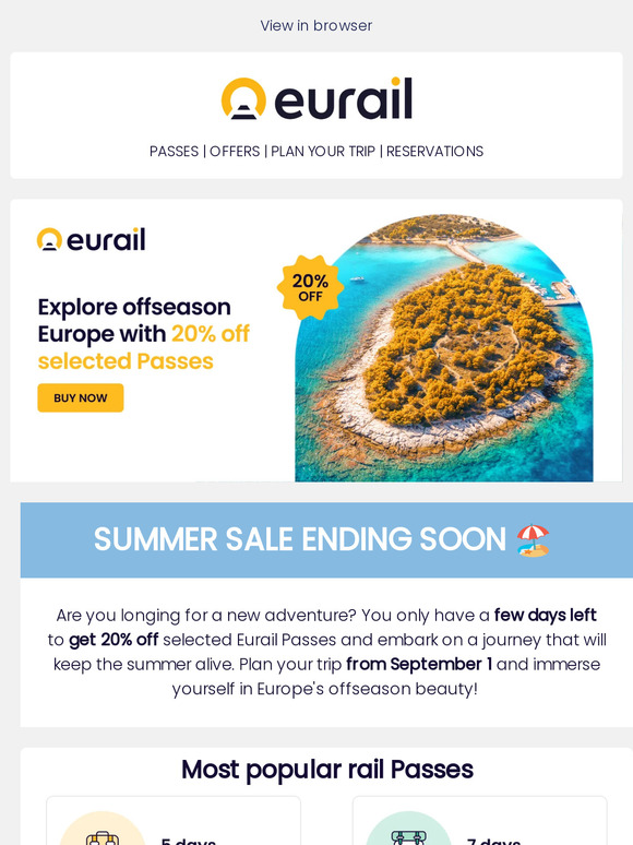 Few days left: 20% off selected Eurail Passes! 🚂
