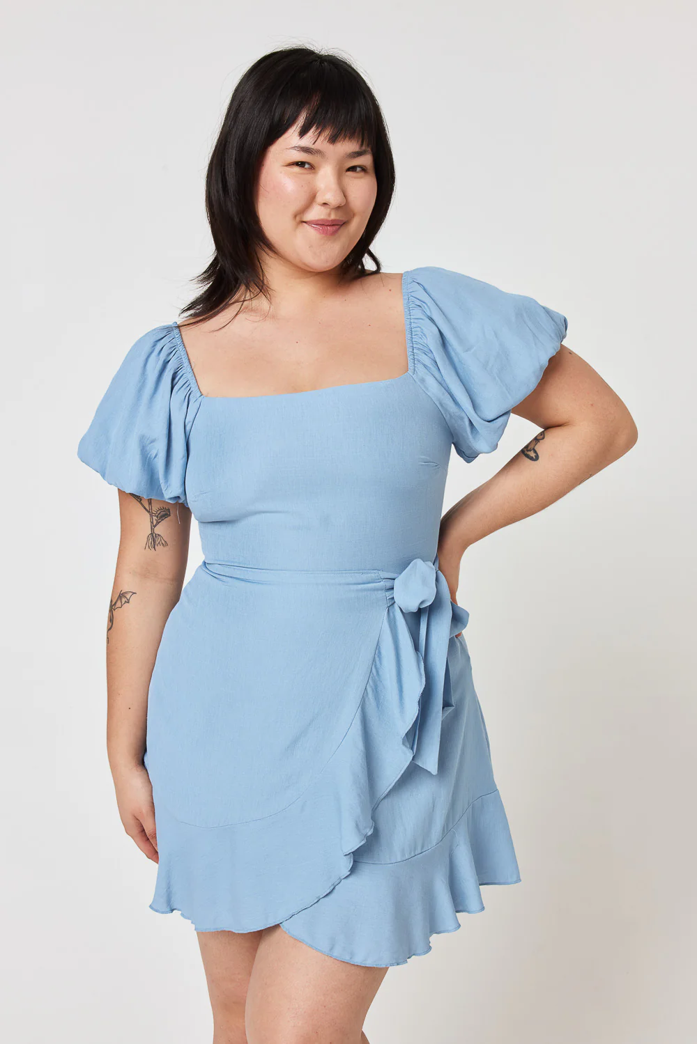Image of Slate Blue Puff Sleeve Wrap Dress