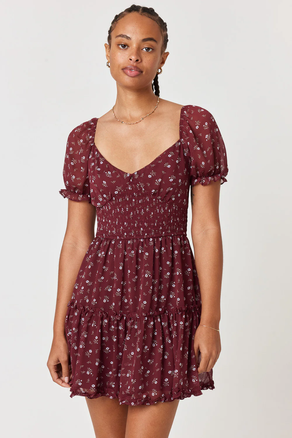 Image of Wine Ditsy Ruffle Smock Waist Dress