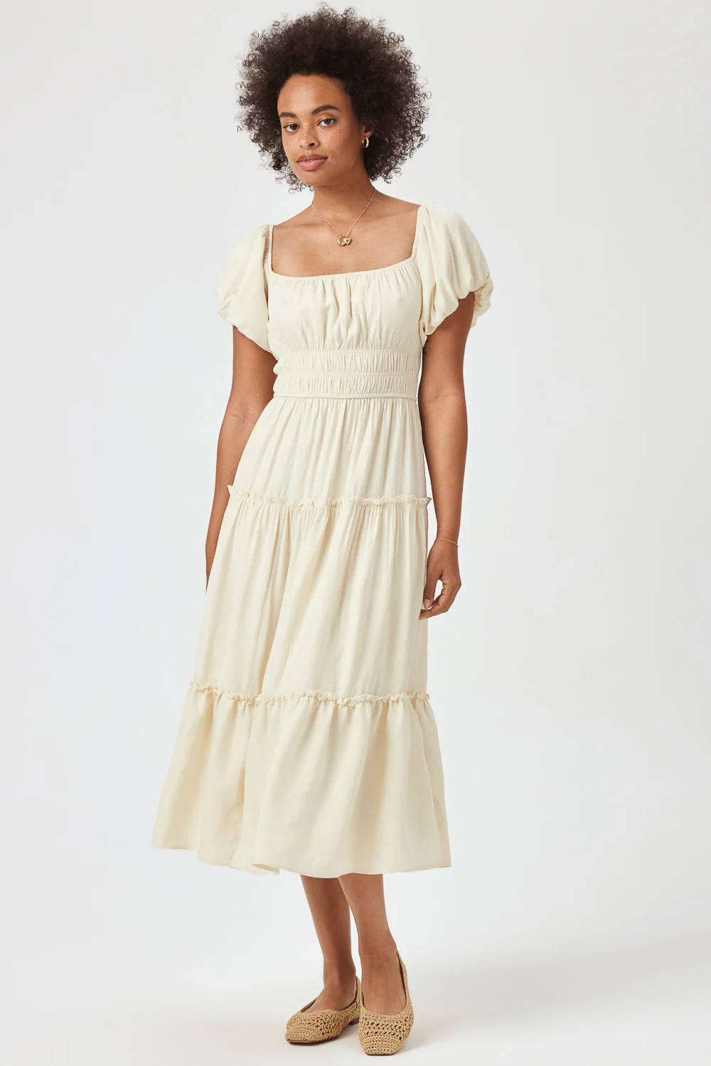 Image of Cream Ruched Midi Dress
