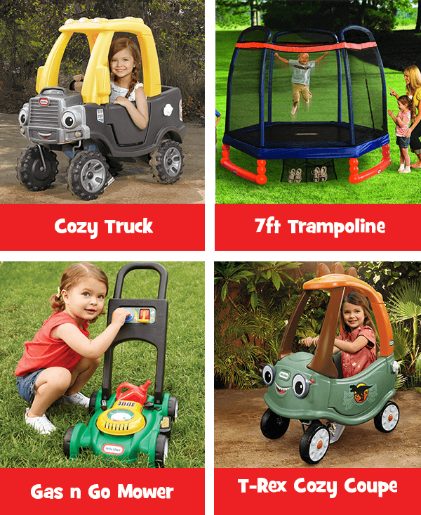 Cozy Truck. 7ft Trampoline. Gas n Go Mower. T-Rex Cozy Coupe.