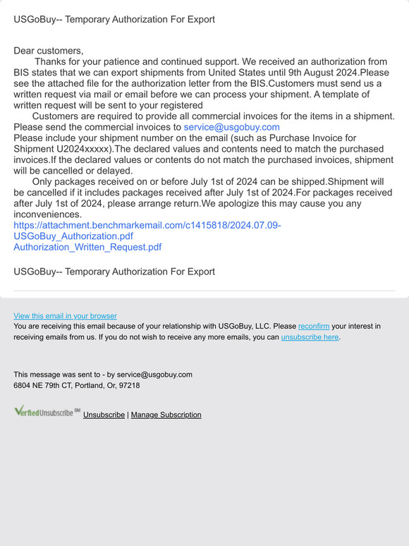 USGoBuy-- Temporary Authorization For Export