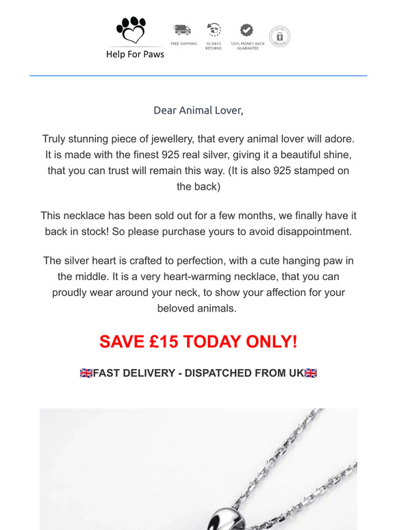 Forever Love Paw Necklace - Save £15 Now! Every Purchase Helps Animals In Need❤️