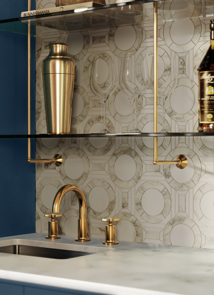 Wet bar close-up of white circle and geometric pattern mosaic backsplash.