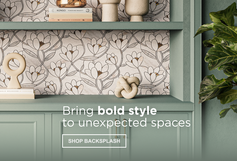 Text caption: Bring bold style to unexpected spaces. Close-up of tonal green built-in bookcase with flower pattern mosaic backsplash.
