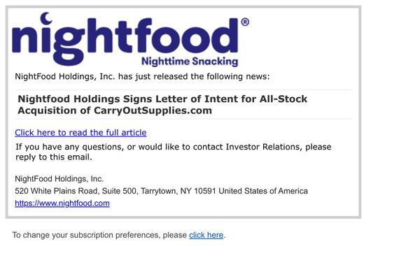 Nightfood Holdings Signs Letter of Intent for All-Stock Acquisition of CarryOutSupplies.com