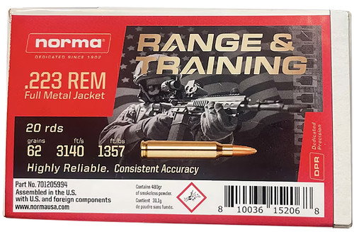 Norma Range & Training 223 Remington, 62gr, Full Metal Jacket, 20rd Box