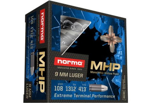 Norma MHP 9mm, 108gr, Monolithic Hollow Point, 20rd Box