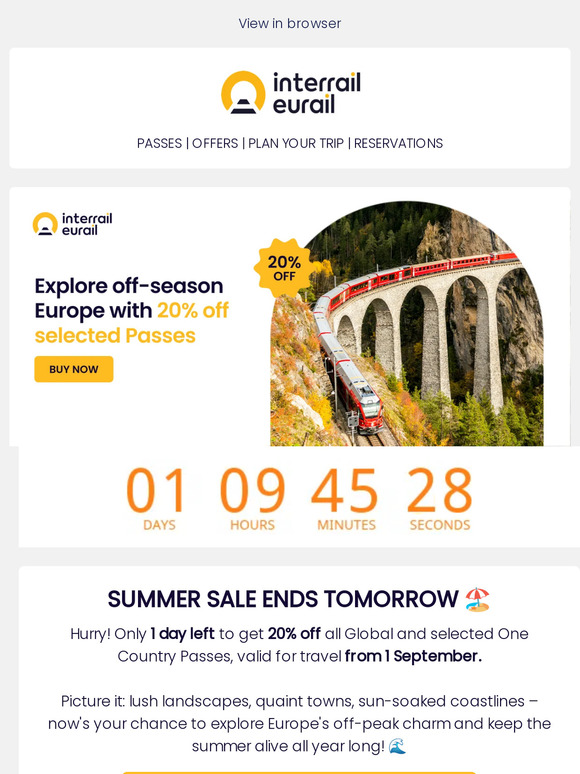 Last chance! 20% off selected Interrail Passes 🚂