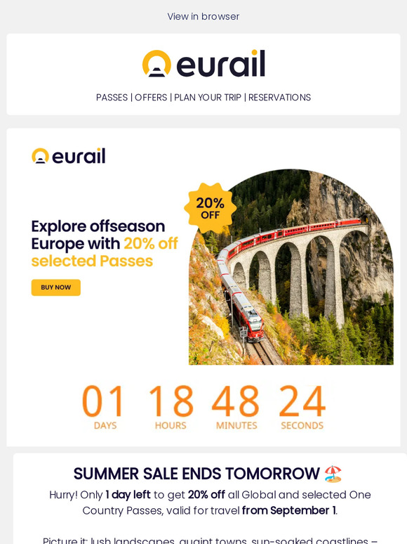 Last chance! 20% off selected Eurail Passes 🚂