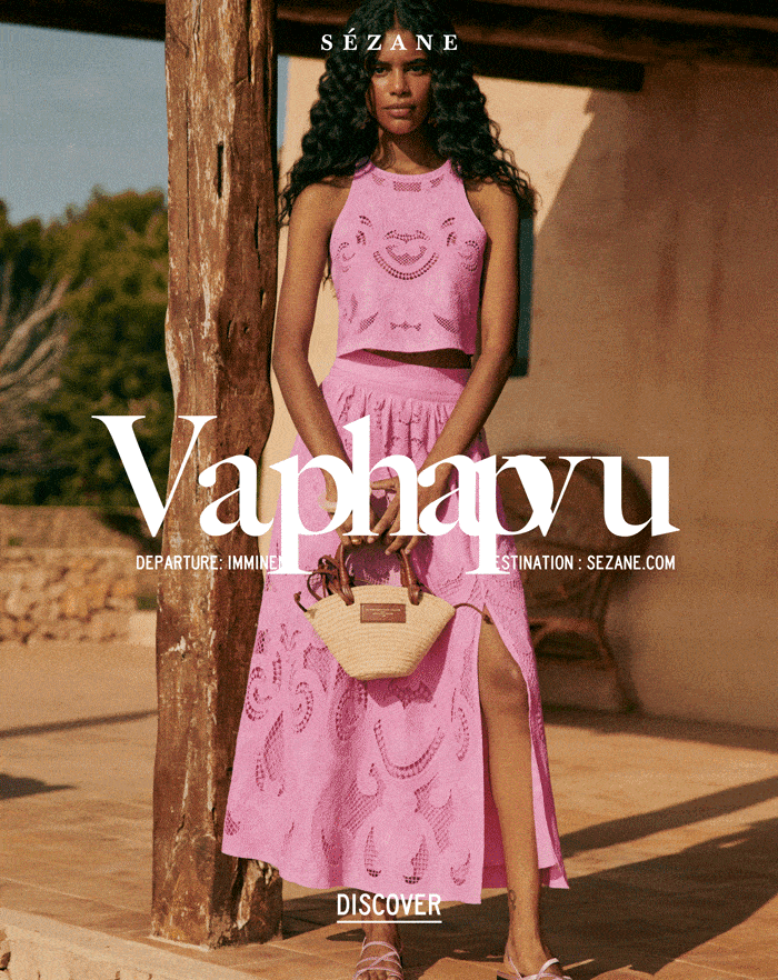 sachin and babi light blue dress Sezane x Farm Rio Collab Is French Girl Vacation Style