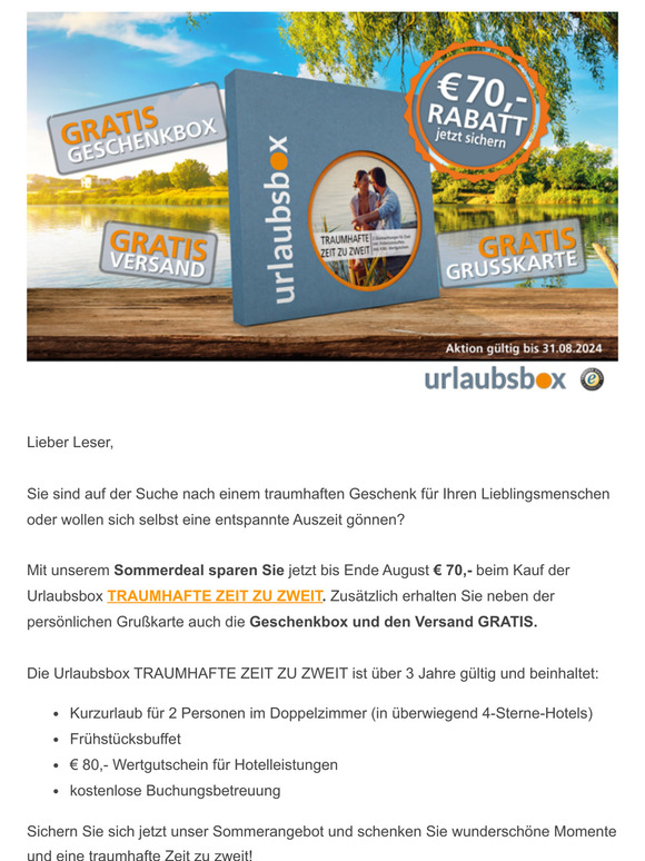 ☀ Unser Sommerdeal: Sichern Sie sich jetzt € 70,- Rabatt auf die Urlaubsbox TRAUMHAFTE ZEIT ZU ZWEIT! ☀