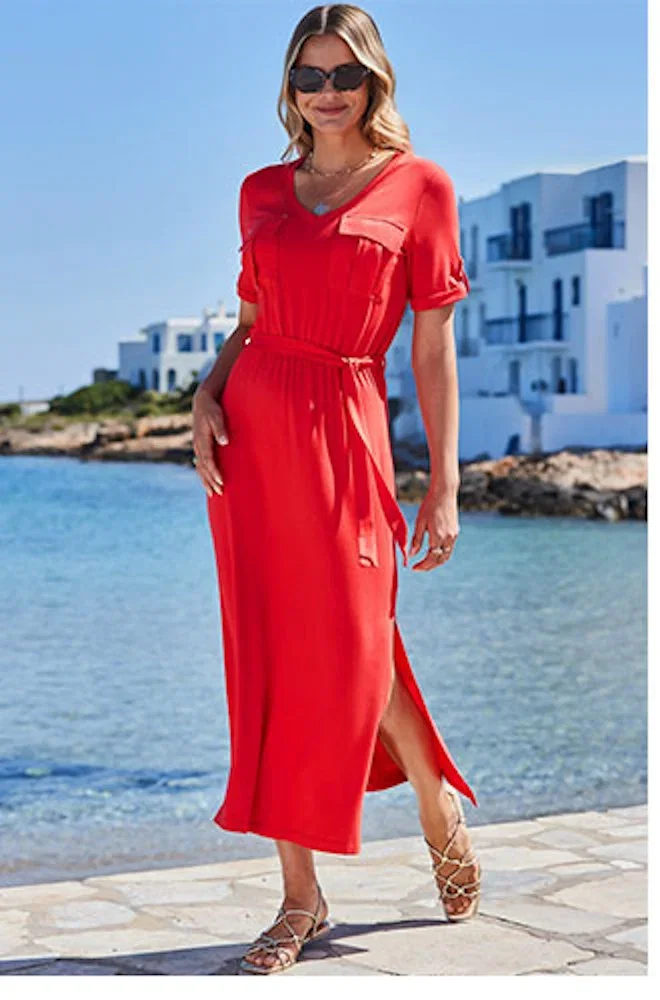 Coral Stretch Waist T-Shirt Dress