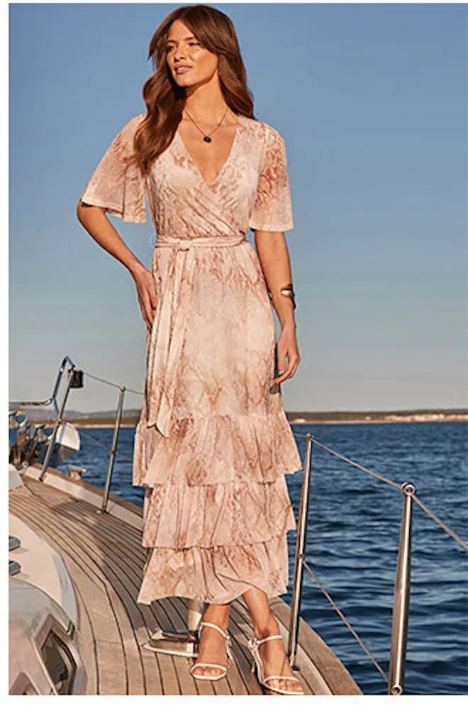 Snake Print Tiered Hem Wrap Jersey Midi Dress