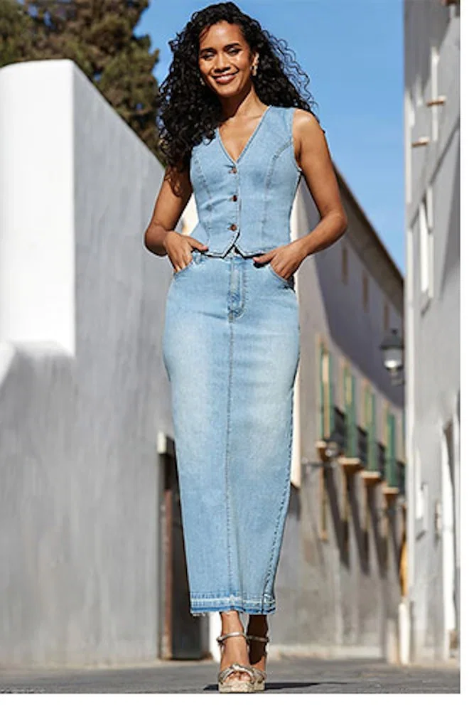 Light Wash Denim Midi Skirt