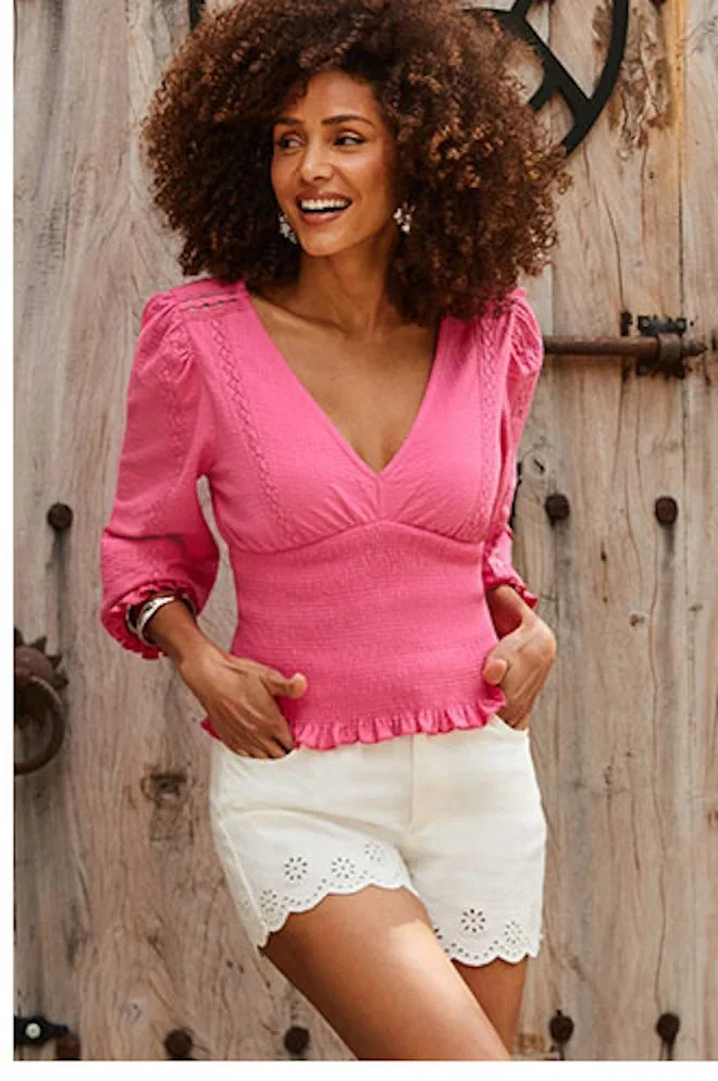 Hot Pink Shirred Detail Cotton Top