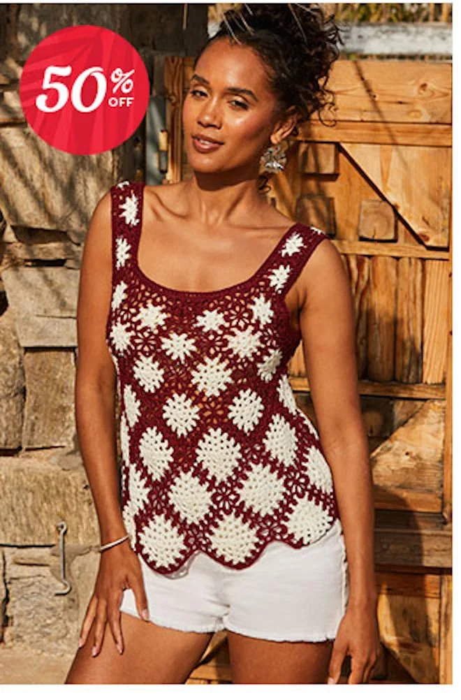 Burgundy & Cream Floral Crochet Knit Vest Top