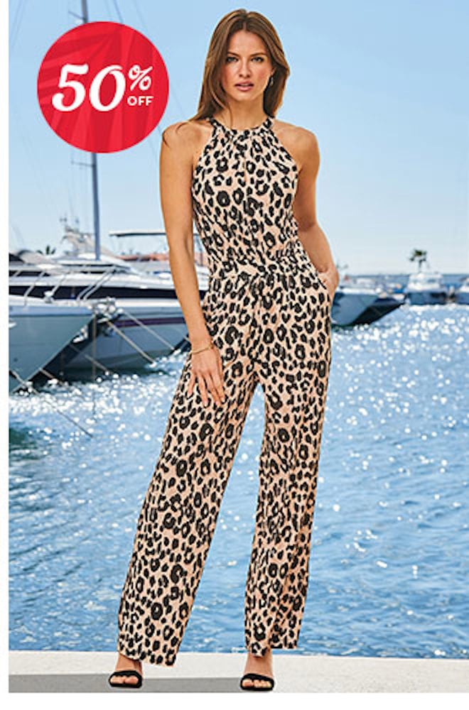 Leopard Print Halter Neck Jumpsuit With Pockets