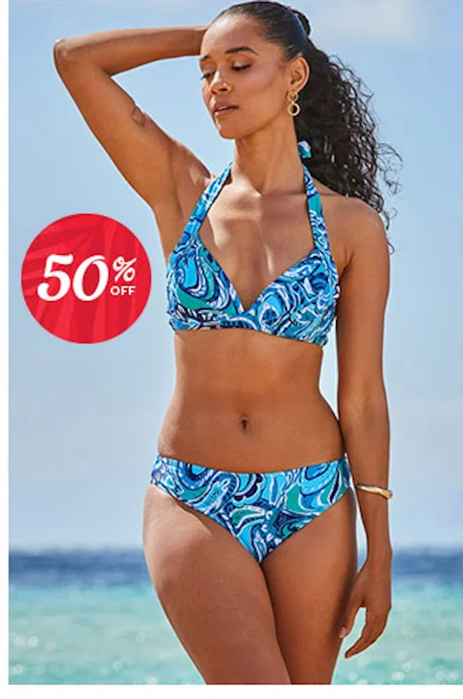 Blue Paisley Print Halter Neck Flattering Bikini Top