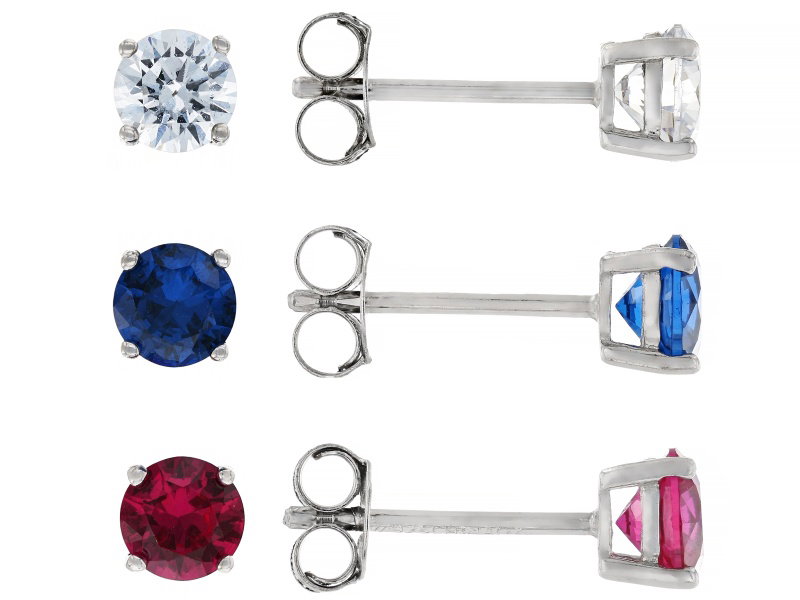 Cubic Zirconia  Lab Created Ruby  And Lab Created Blue Spinel Rhodium Over Silver Stud Set 3.94ctw