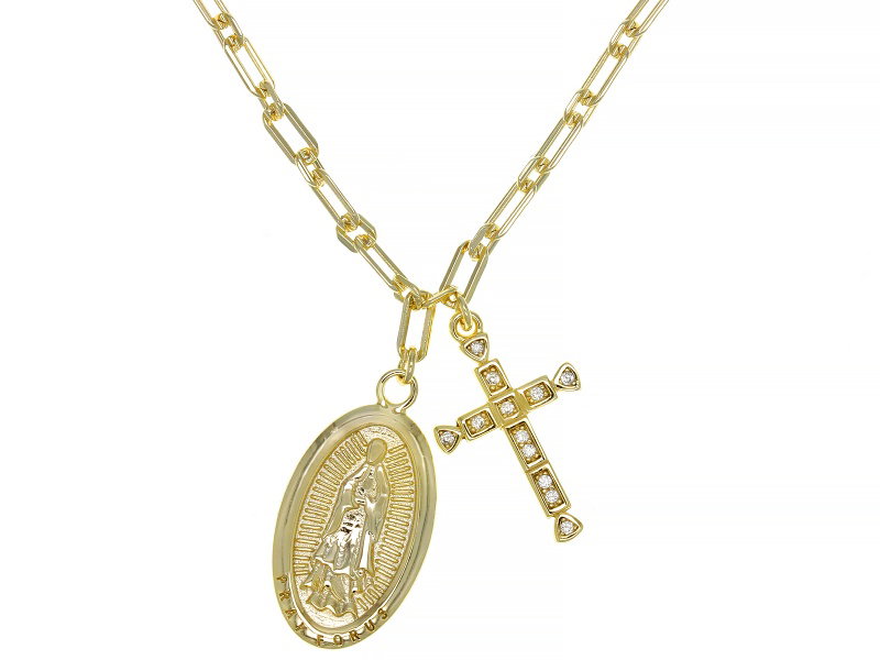 White Cubic Zirconia 18k Yellow Gold Over Sterling Silver Our Lady Of Guadalupe Necklace 0.12ctw