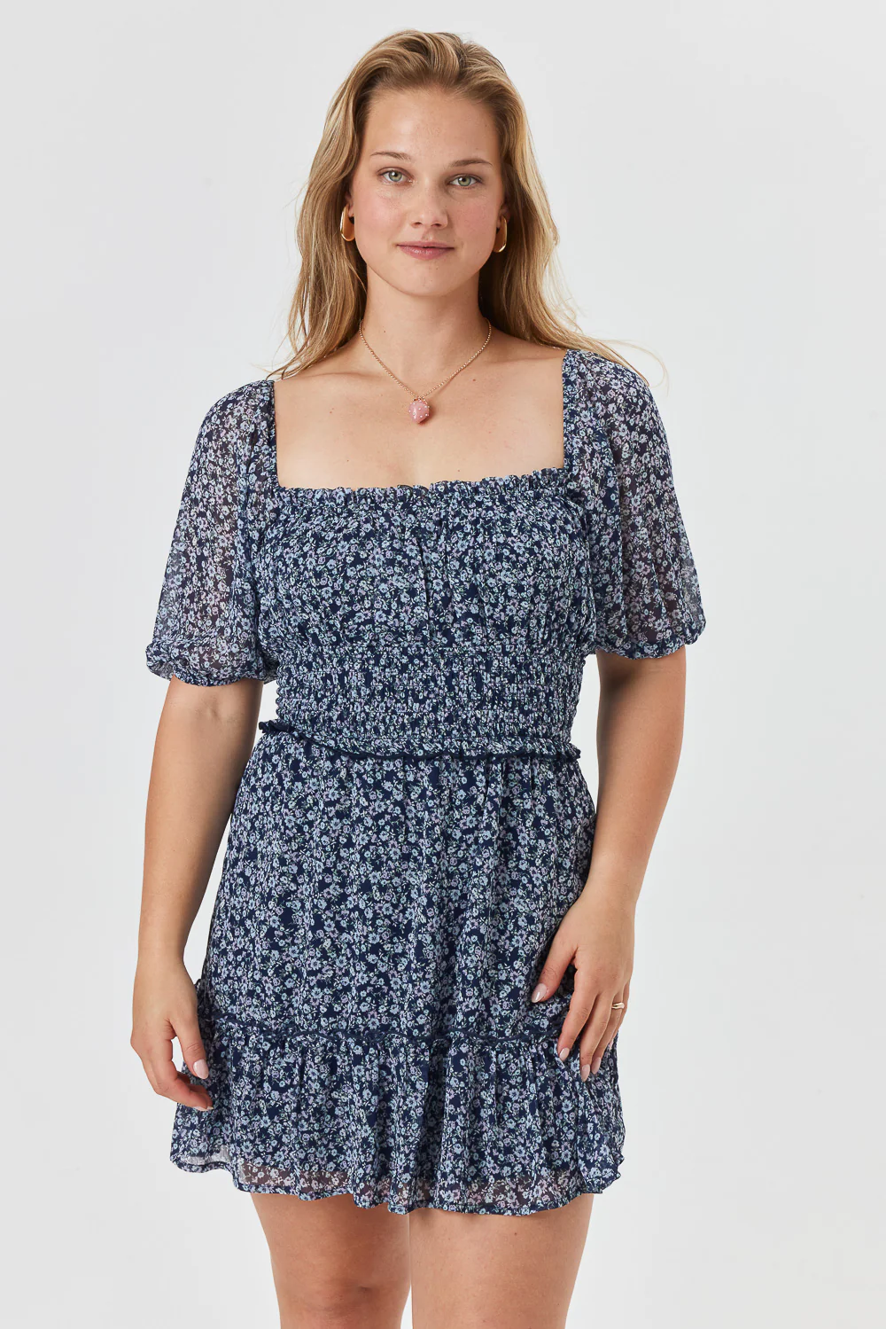Image of Navy Floral Smocked Waist Dress