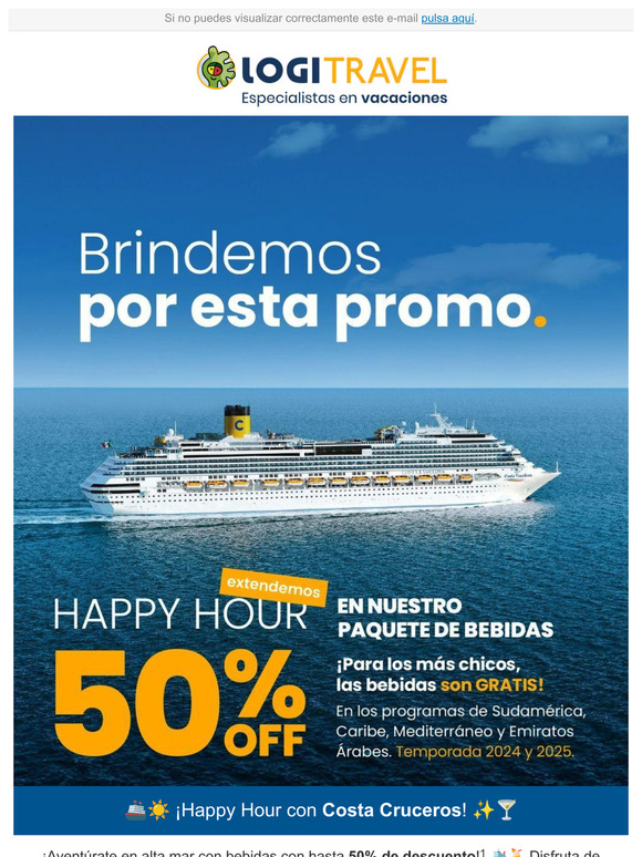 ¡ÚLTIMOS DÍAS! Bebidas 50%OFF con Costa Cruceros