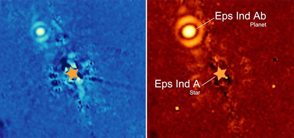 MIRI images obtained at mid-infrared wavelengths 10.65 (left) and 15.55 micrometres (right), which depict the area around the star Eps Ind A, whose position is indicated by star symbols.
