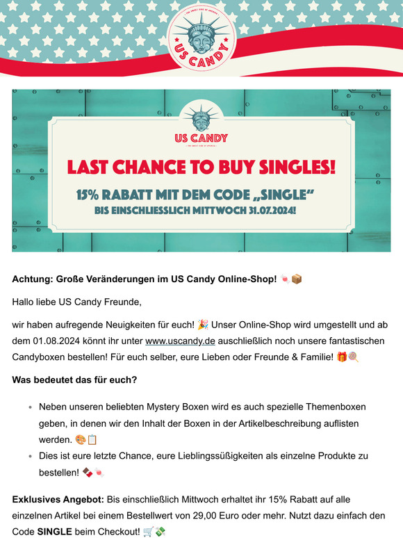 Letzte Chance! Wir stellen unseren Onlineshop um - jetzt nochmal 15% sparen!🍭🚀