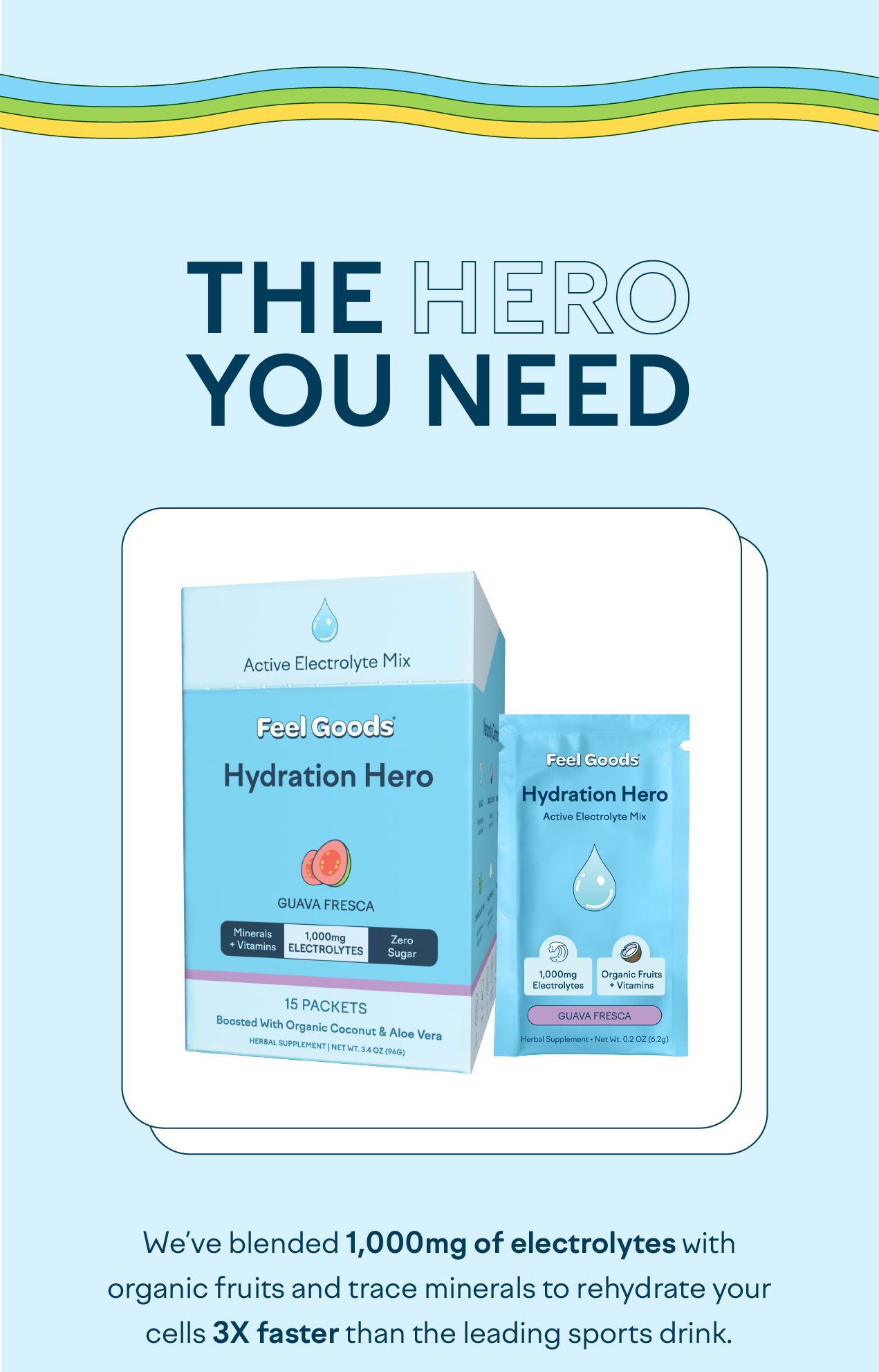 The Hero You Need We’ve blended 1,000mg of electrolytes with organic fruits and trace minerals to rehydrate your cells 3X faster than the leading sports drink. 