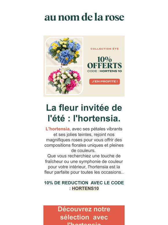 -10% sur nos bouquets de roses et hortensias.